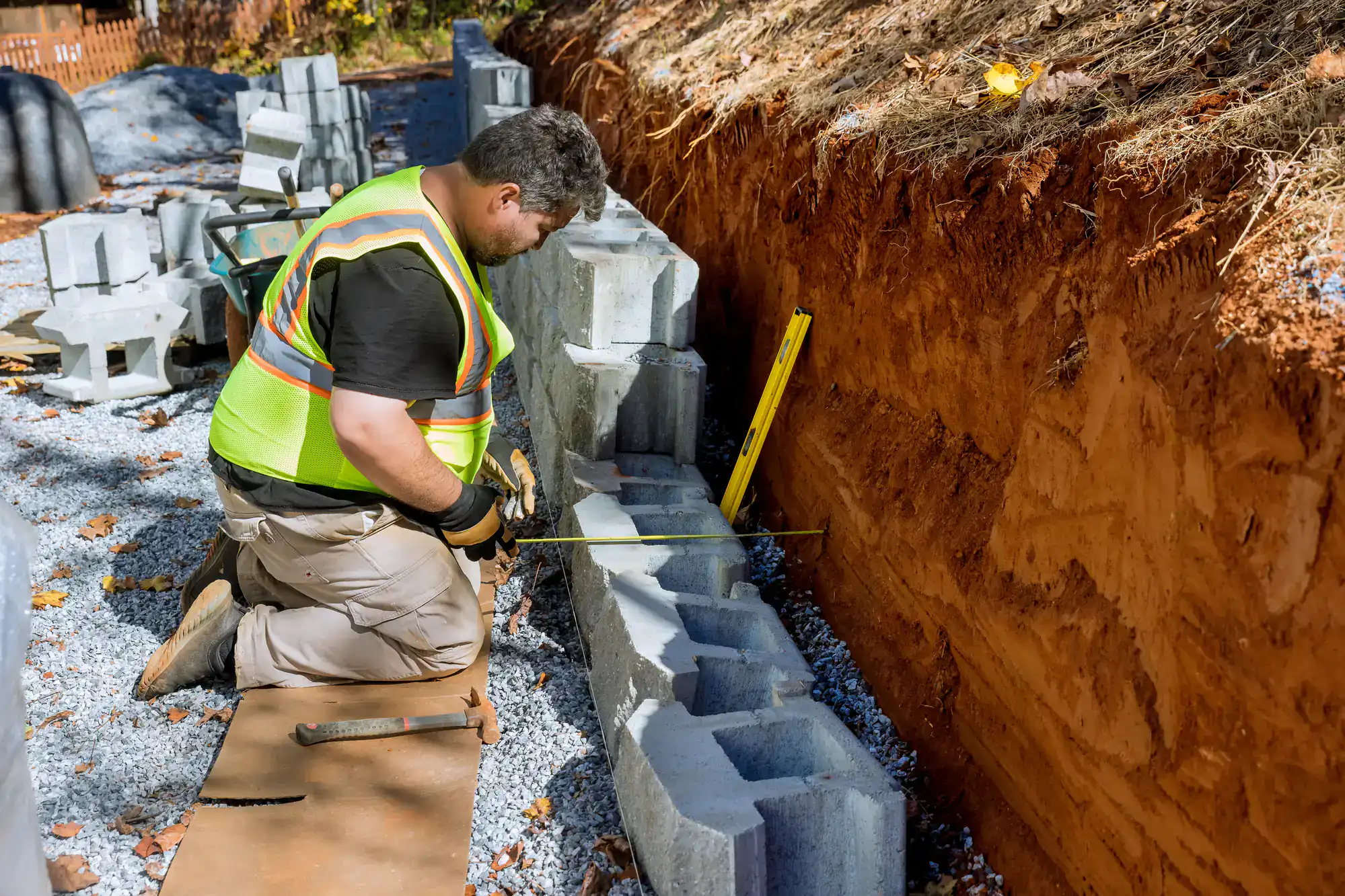 A construction worker in a safety vest kneels on gravel, measuring concrete blocks as he builds a retaining wall beside an exposed dirt slope. Tools and blocks are scattered around the worksite.
